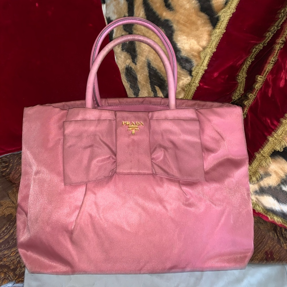 Authentic Prada bow pink nylon hand bag